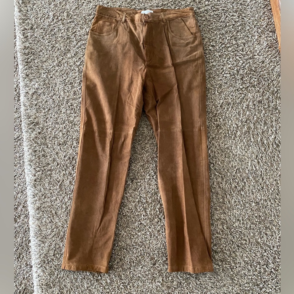 Hugo Buscati Womens Pants Size 16 Leather Suede Straight Leg Brown Tan Neutral
